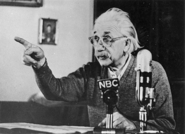 circa 1955: Mathematical physicist Albert Einstein (1879 - 1955) delivers one of his recorded lectures. 