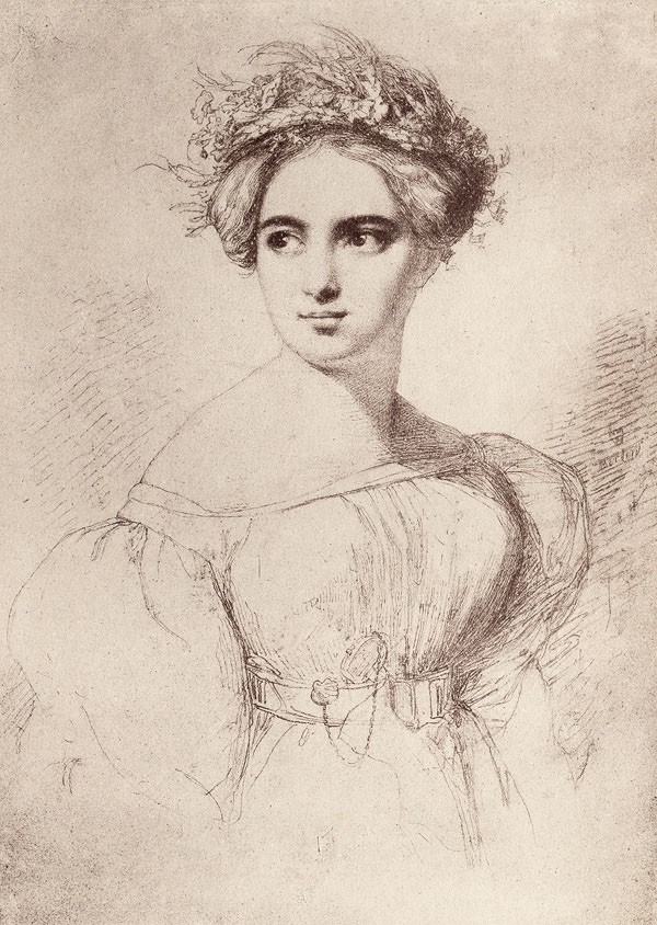 Drawing depicting Fanny Mendelssohn, wearing a dress and a color of flowers on her head