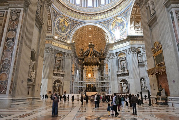 A scaffolding is mounted around the baldachin of St. Peter's basilica to start its restoration on February 21, 2024 in the Vatican. The large Baroque sculpted bronze canopy over the high altar of St. Peter's Basilica by artist Gian Lorenzo Bernini dated from 1634. 