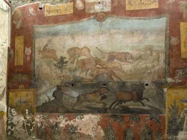 One of the wall paintings at the House of Ceii, depicting animals on the hunt