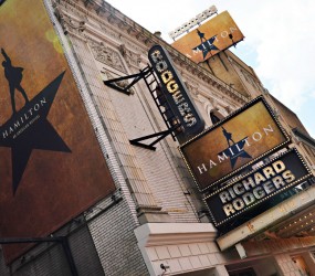 A view of the marquee at Hamilton: An American Musical at the Richard Rodgers Theatre on June 29, 2020 in New York City.