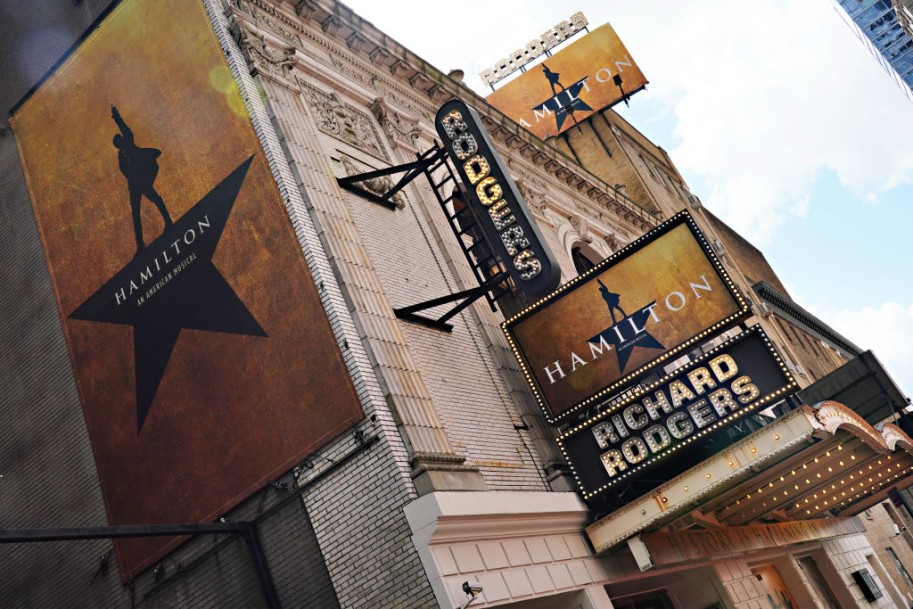 A view of the marquee at Hamilton: An American Musical at the Richard Rodgers Theatre on June 29, 2020 in New York City.